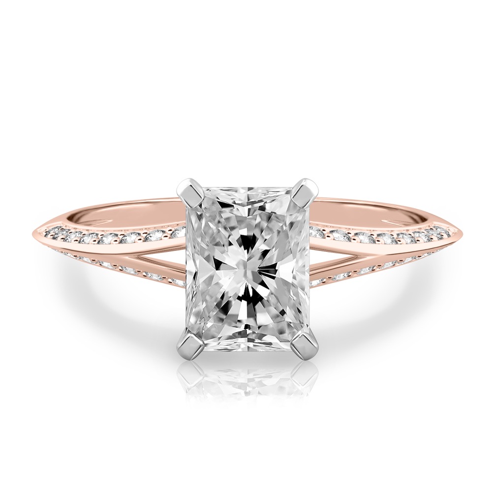 radiant cut diamond split shank knife edge engagement ring in rose gold