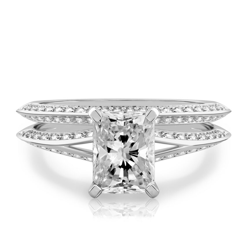 radiant cut diamond split shank knife edge engagement ring in set platinum