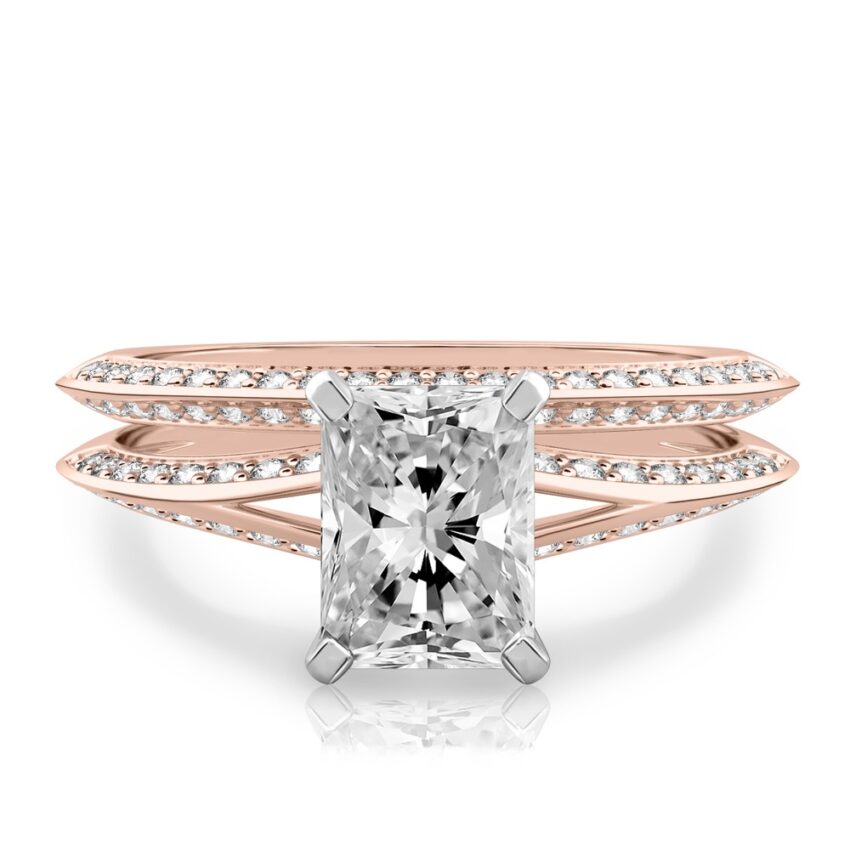 radiant cut diamond split shank knife edge engagement ring in set rose gold