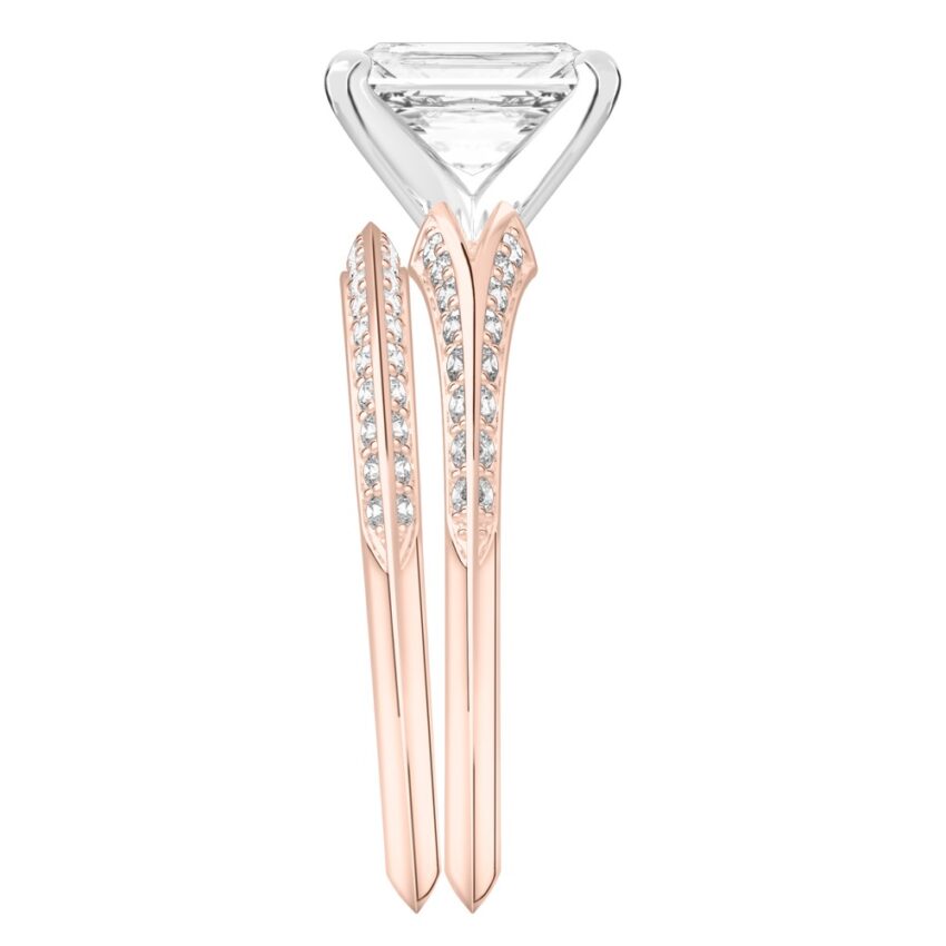 Side view of radiant cut diamond split shank knife edge engagement ring in set rose gold
