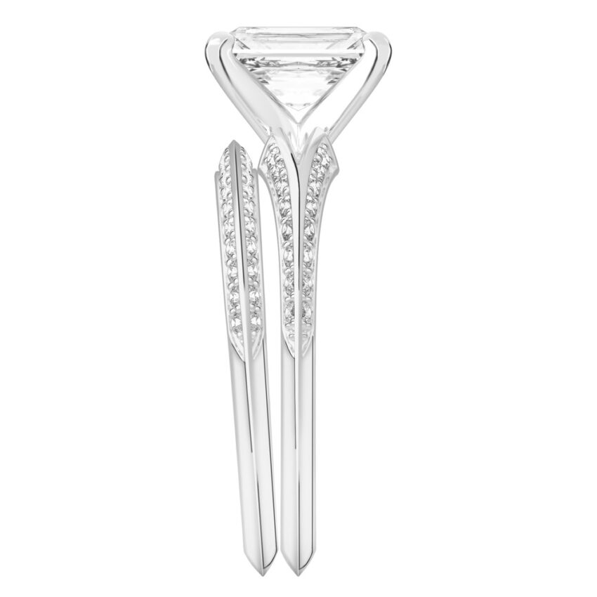 Side view of radiant cut diamond split shank knife edge engagement ring in set white gold