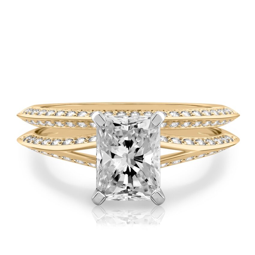 radiant cut diamond split shank knife edge engagement ring in set yellow gold