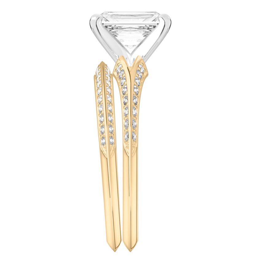 Side view of radiant cut diamond split shank knife edge engagement ring in set yellow gold