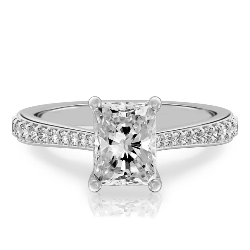 radiant cut diamond tapered engagement ring in platinum
