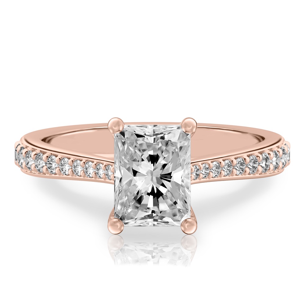 radiant cut diamond tapered engagement ring in rose gold