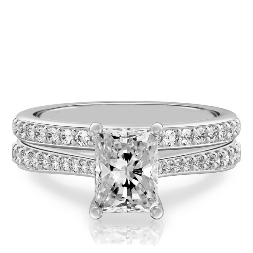 radiant cut diamond tapered engagement ring set palladium