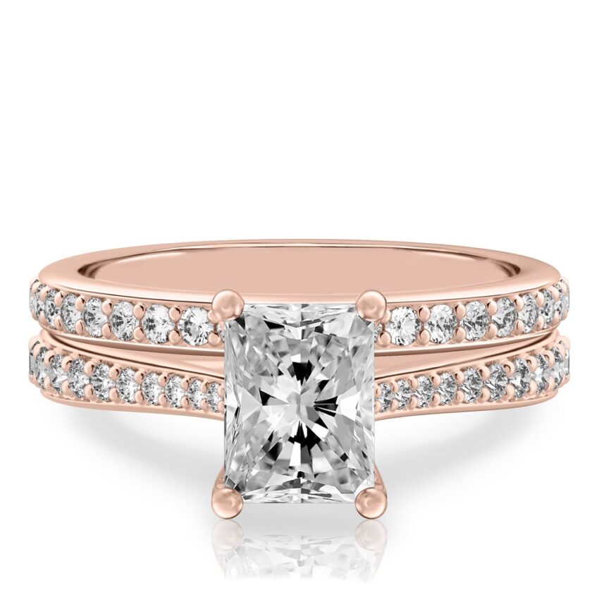 radiant cut diamond tapered engagement ring set rose gold