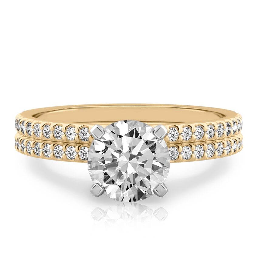 round cut diamond dainty engagement ring set yellow gold