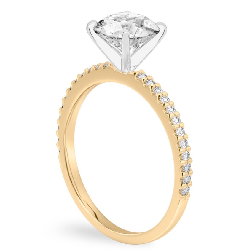 round cut diamond dainty engagement ring yellow gold angle