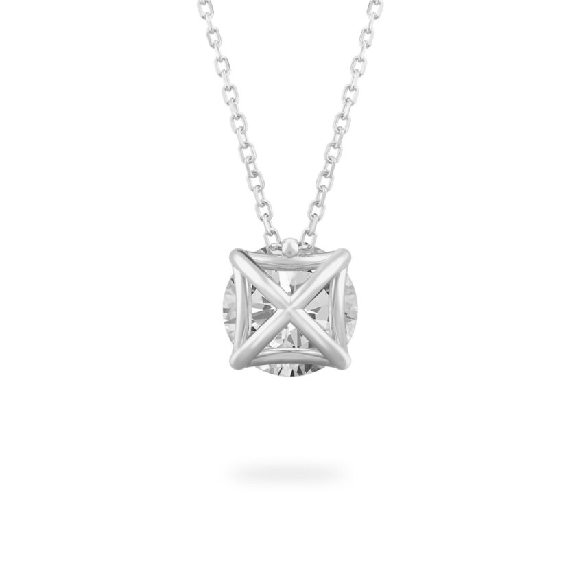 Back view of round cut diamond pendant necklace in platinum