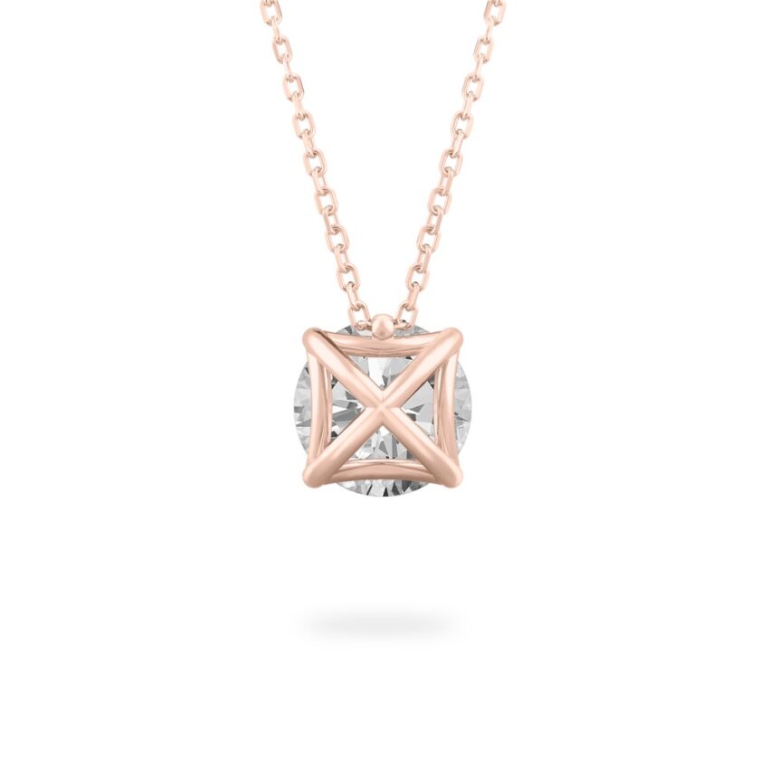Back view of round cut diamond pendant necklace in rose gold