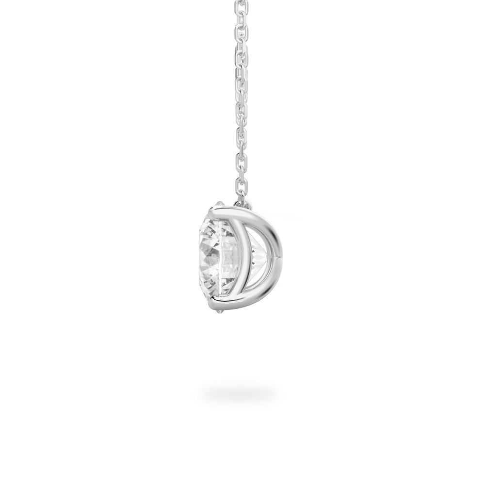 Side view of round cut diamond pendant necklace in white gold