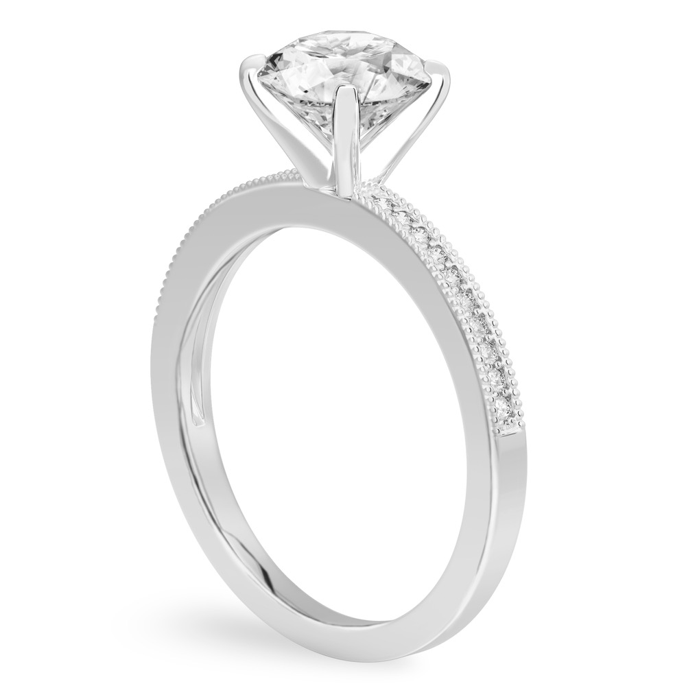 Angle view of round cut diamond petite milgrain diamond engagement ring in palladium