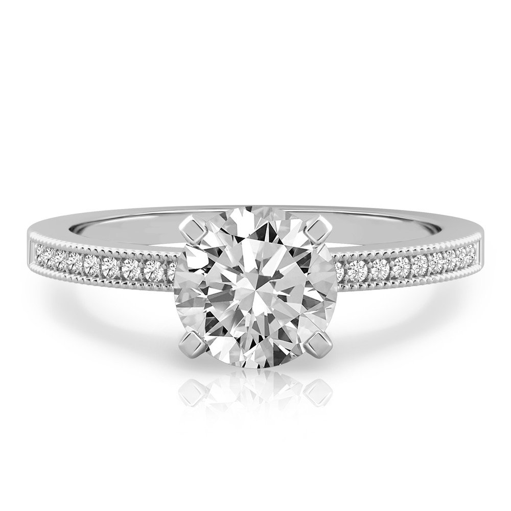 round cut diamond petite milgrain diamond engagement ring in palladium