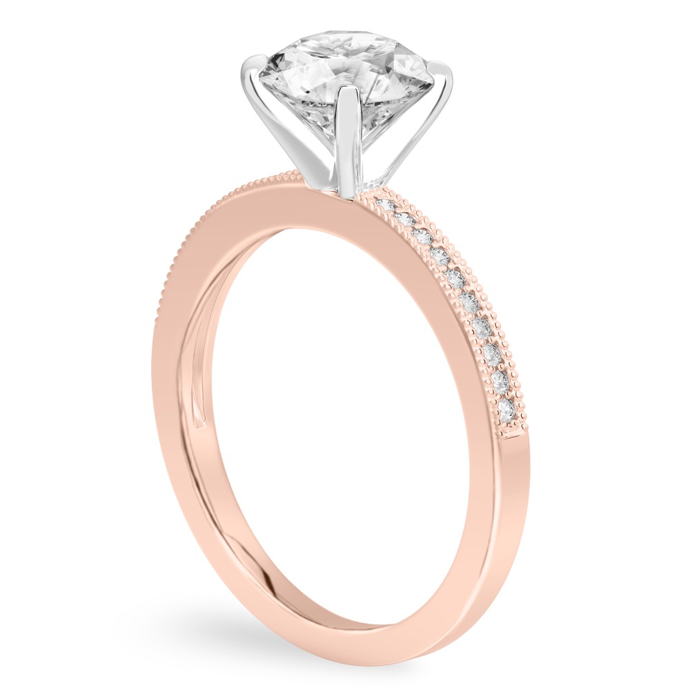 Angle view of round cut diamond petite milgrain diamond engagement ring in rose gold