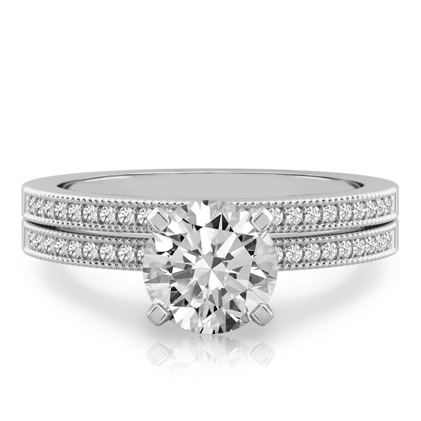 round cut diamond petite milgrain diamond engagement ring set platinum