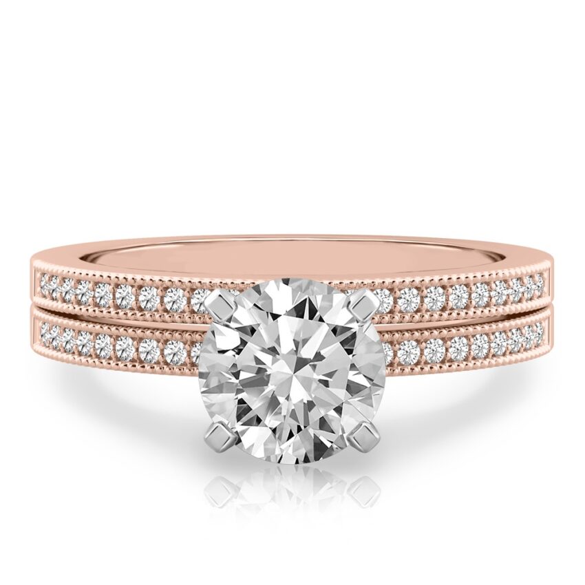 round cut diamond petite milgrain diamond engagement ring set rose gold