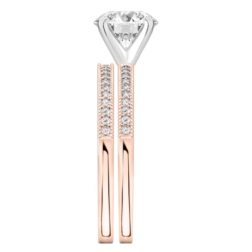 Side view of round cut diamond petite milgrain diamond engagement ring set rose gold