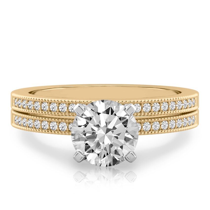 round cut diamond petite milgrain diamond engagement ring set yellow gold