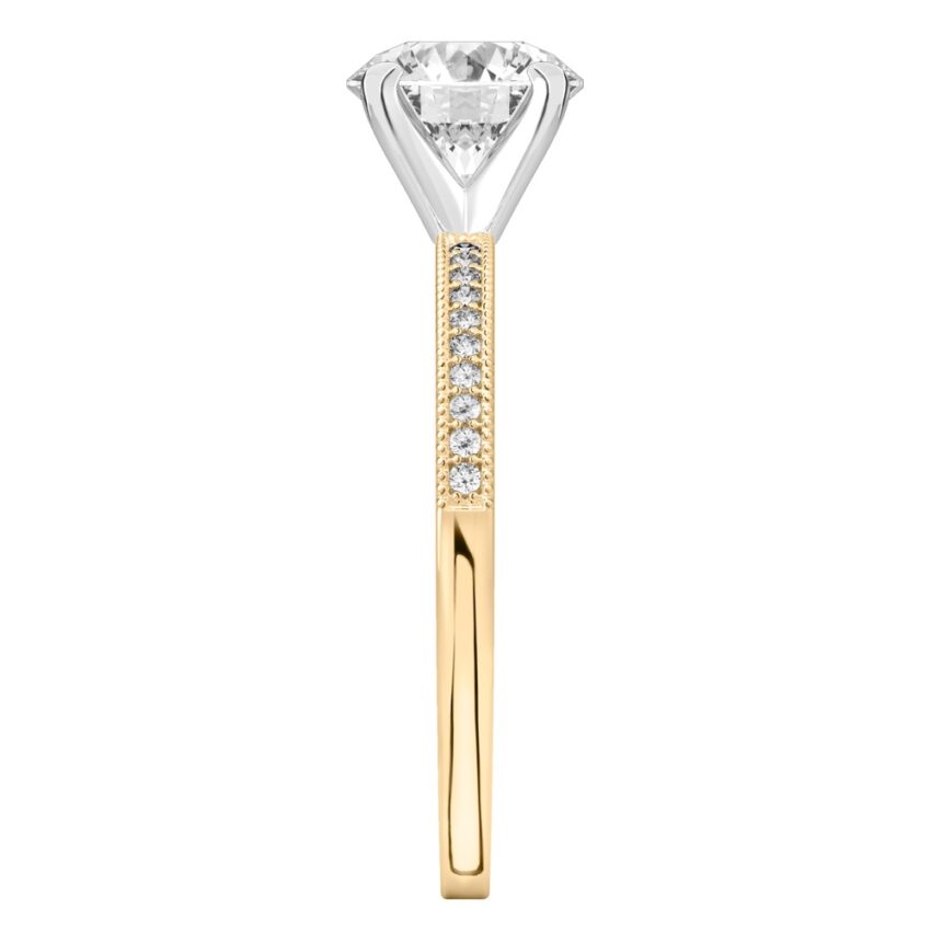 Side view of round cut diamond petite milgrain diamond engagement ring in yellow gold