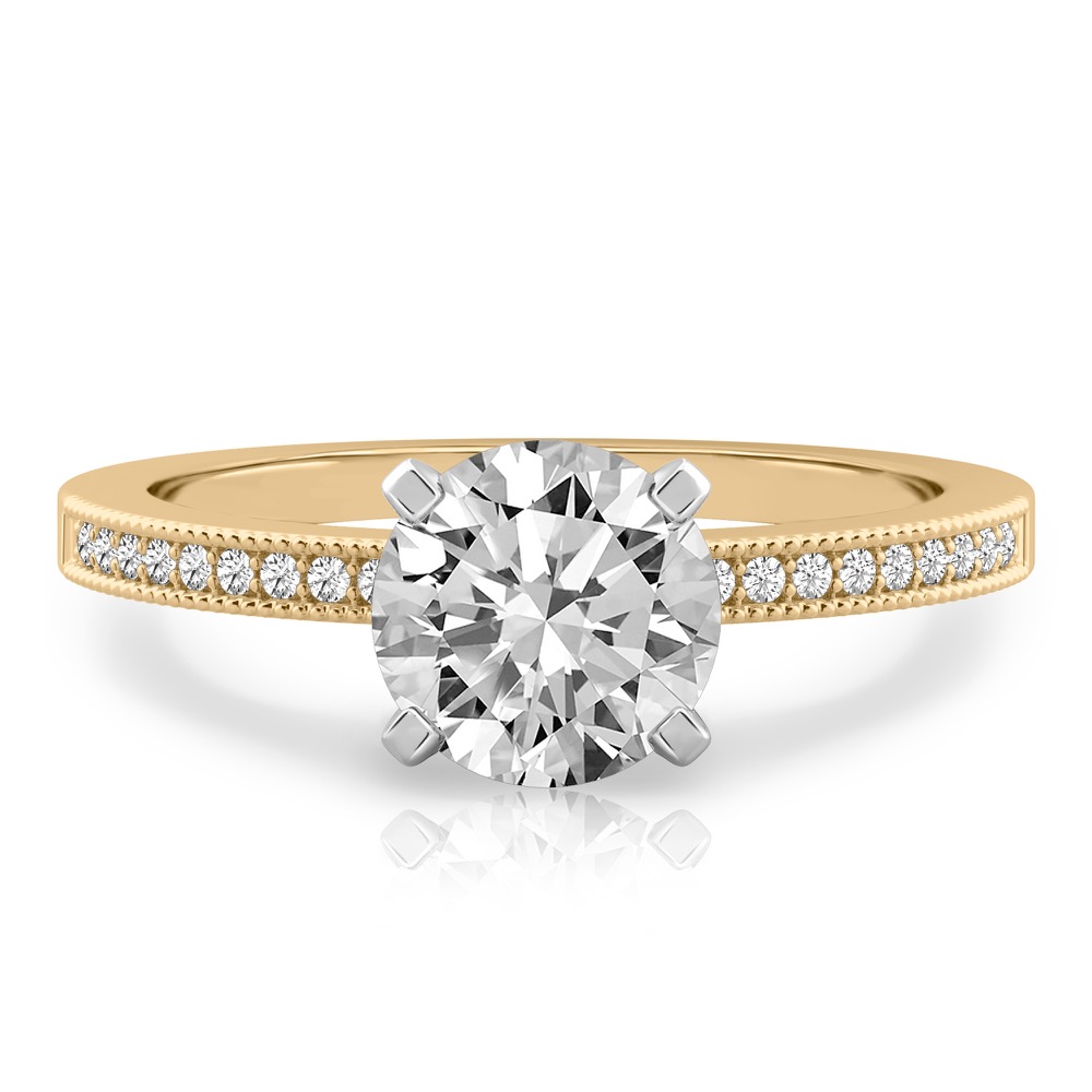 round cut diamond petite milgrain diamond engagement ring in yellow gold