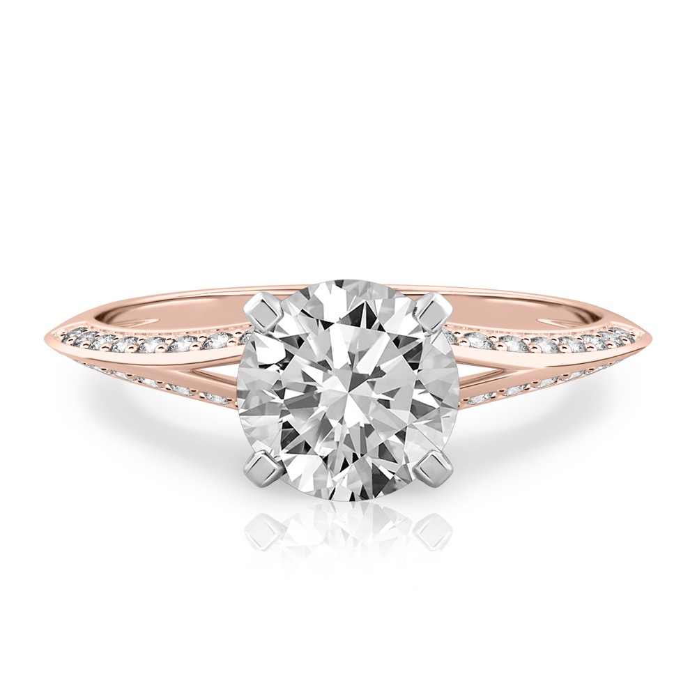 round cut diamond split shank knife edge engagement ring in rose gold