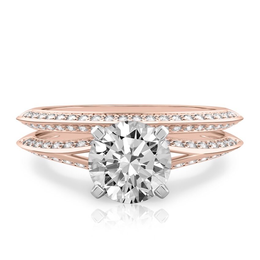 round cut diamond split shank knife edge engagement ring in set rose gold