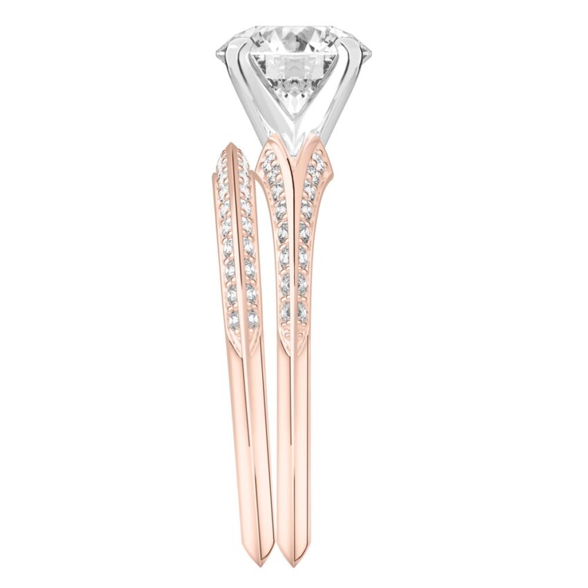 Side view of round cut diamond split shank knife edge engagement ring in set rose gold
