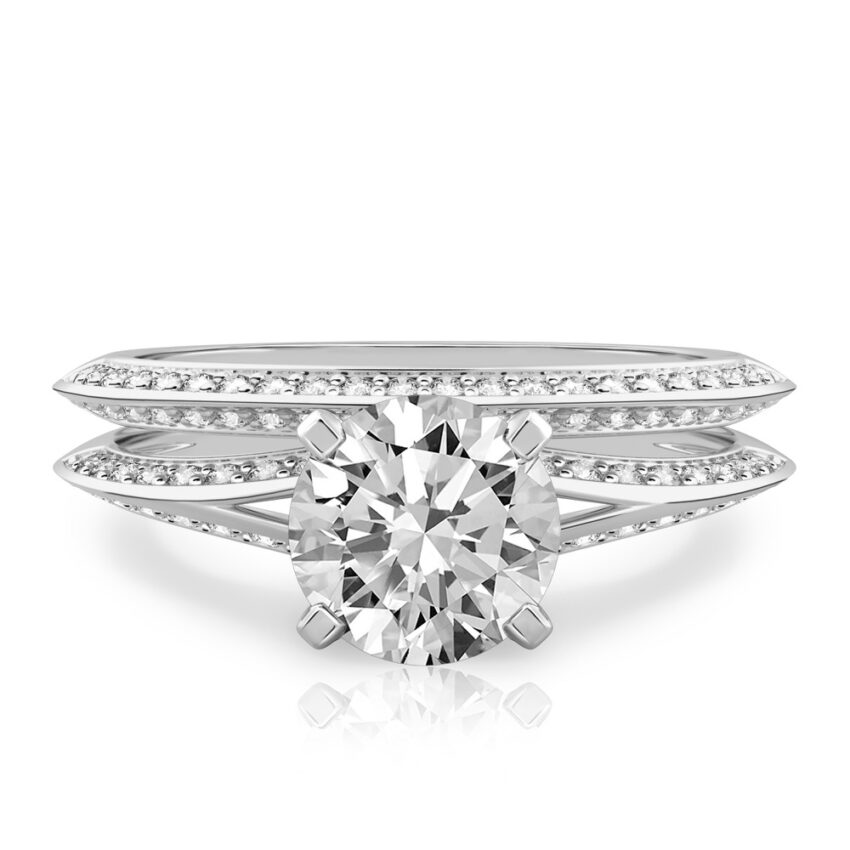 round cut diamond split shank knife edge engagement ring in set white gold