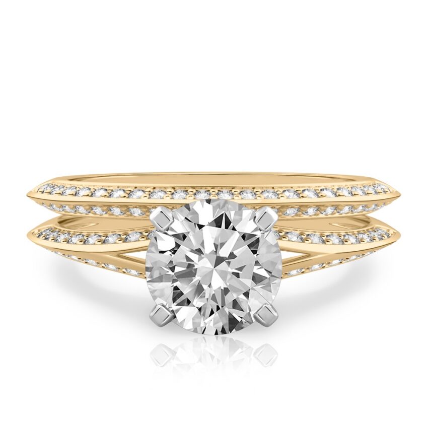 round cut diamond split shank knife edge engagement ring in set yellow gold