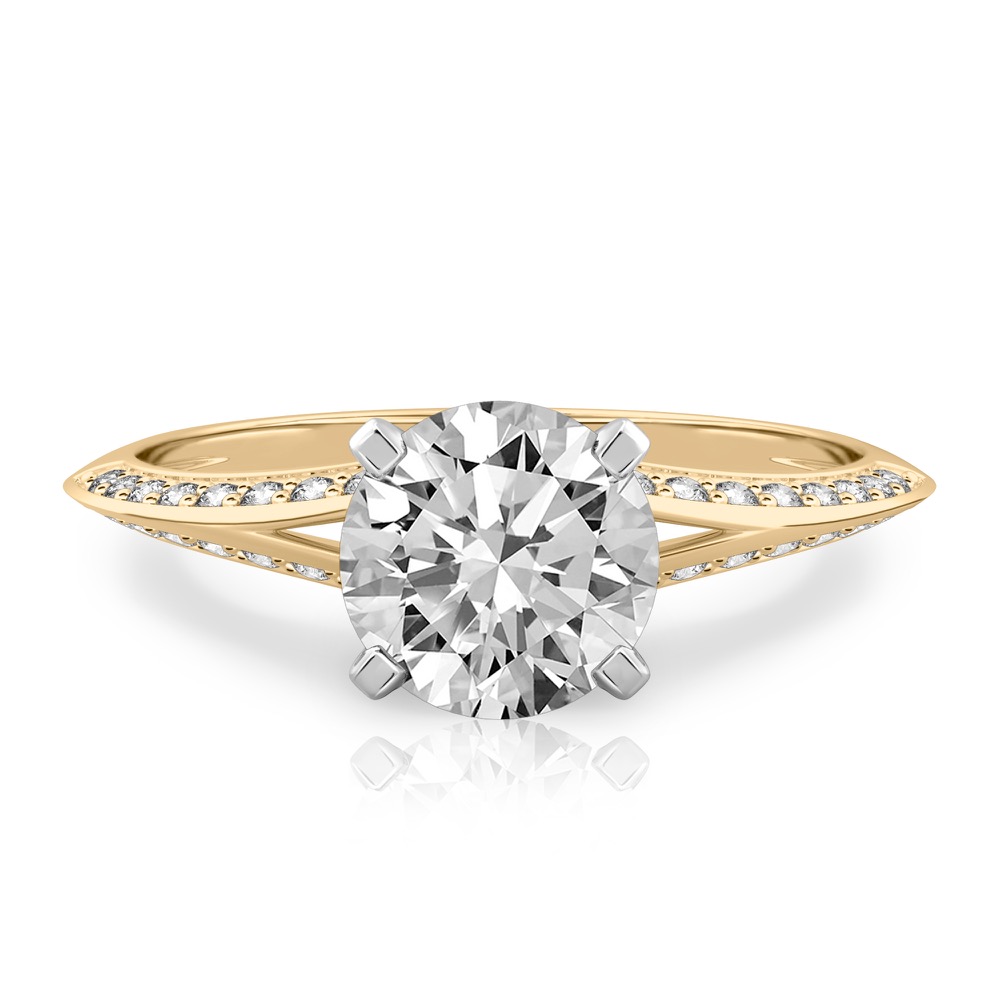 round cut diamond split shank knife edge engagement ring in yellow gold