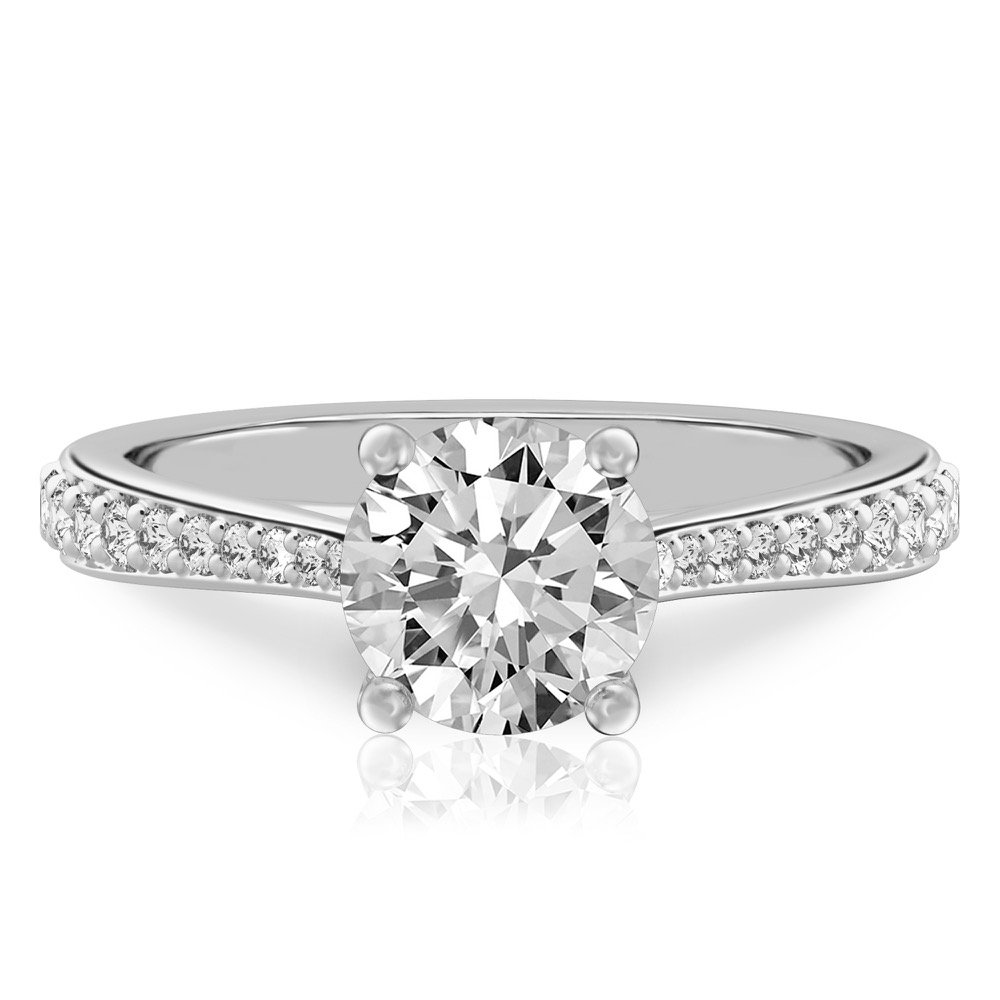 round cut diamond tapered engagement ring in palladium