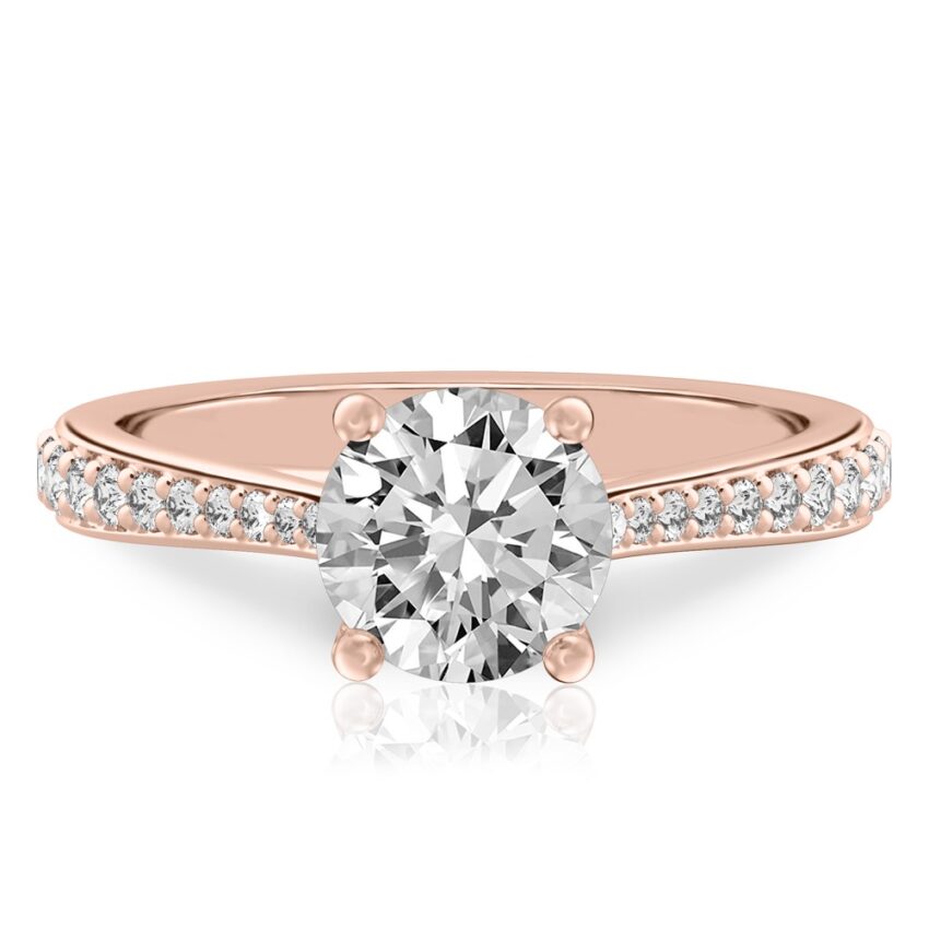 round cut diamond tapered engagement ring in rose gold