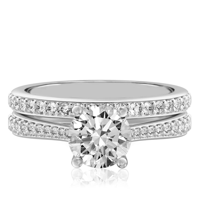 round cut diamond tapered engagement ring set palladium