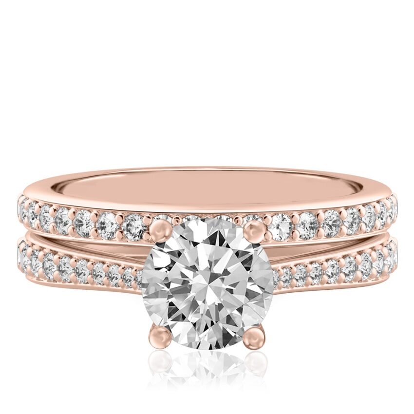 round cut diamond tapered engagement ring set rose gold