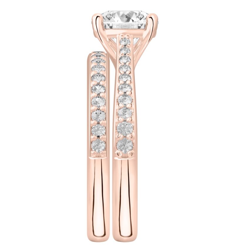 Side view of round cut diamond tapered engagement ring set rose gold