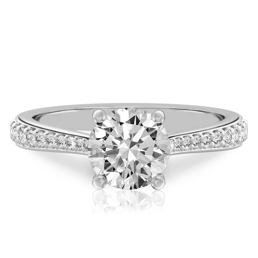 round cut diamond tapered engagement ring in white gold
