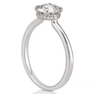 Angle view of secret halo engagement ring in white gold