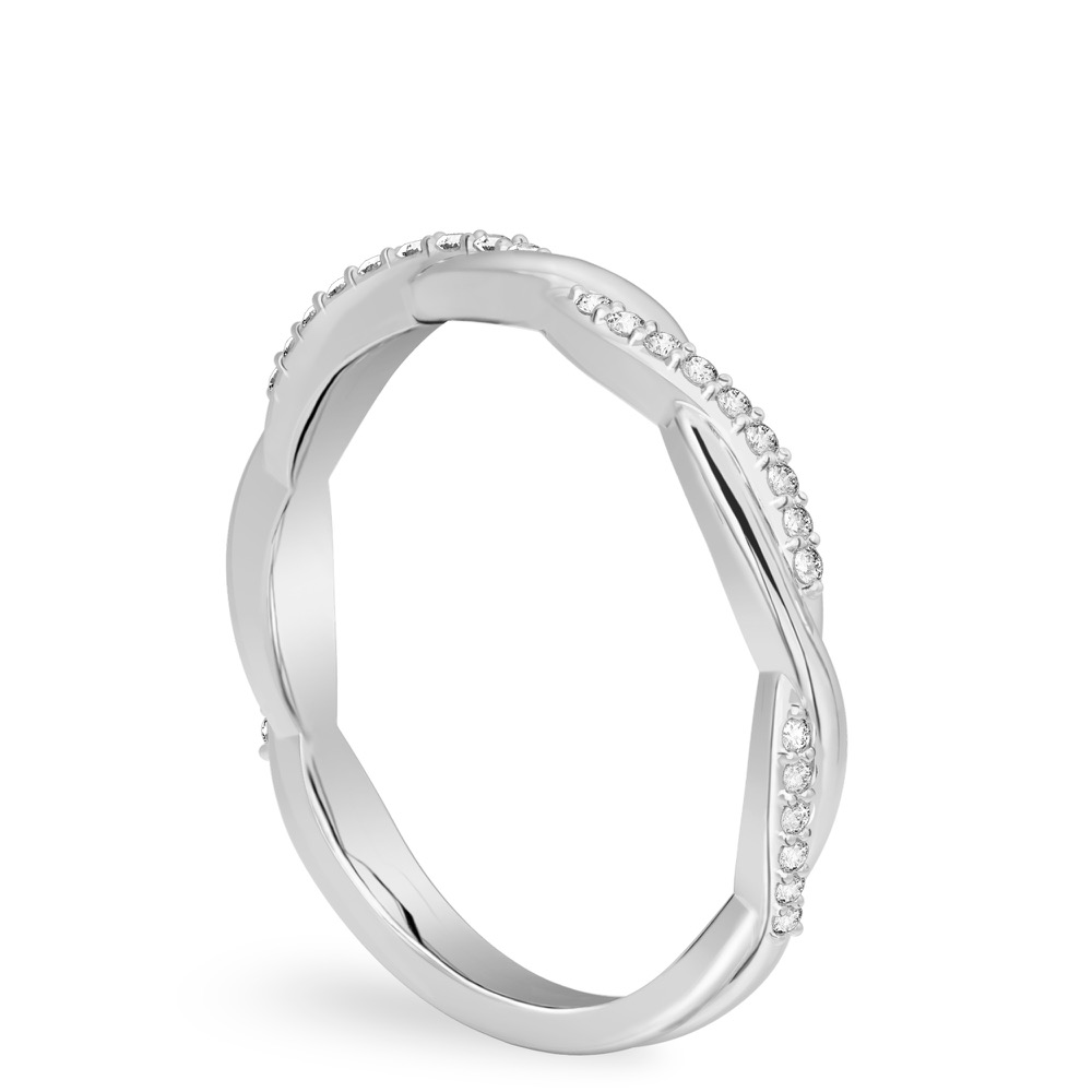 Angle view of twist wedding band in platinum