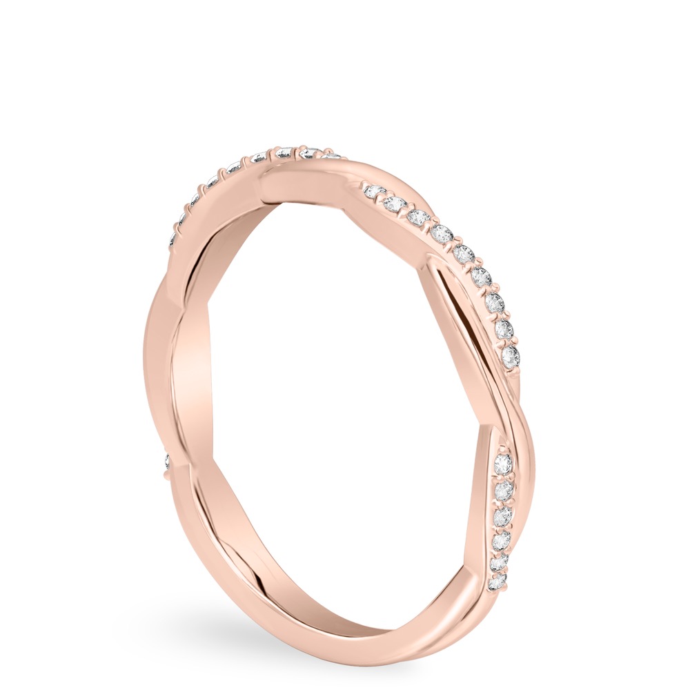 Angle view of twist wedding band in rose gold