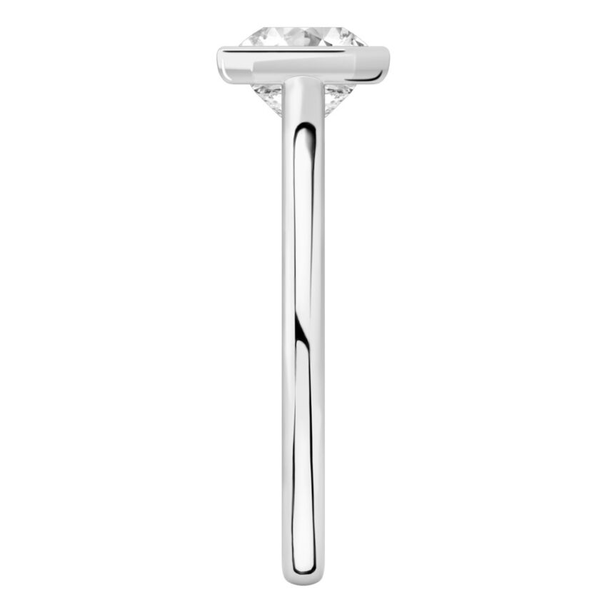 Side view of asscher cut diamond bezel engagement ring in platinum