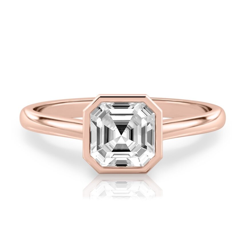 asscher cut diamond bezel engagement ring in rose gold