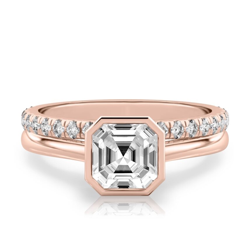 asscher cut diamond bezel engagement ring set rose gold