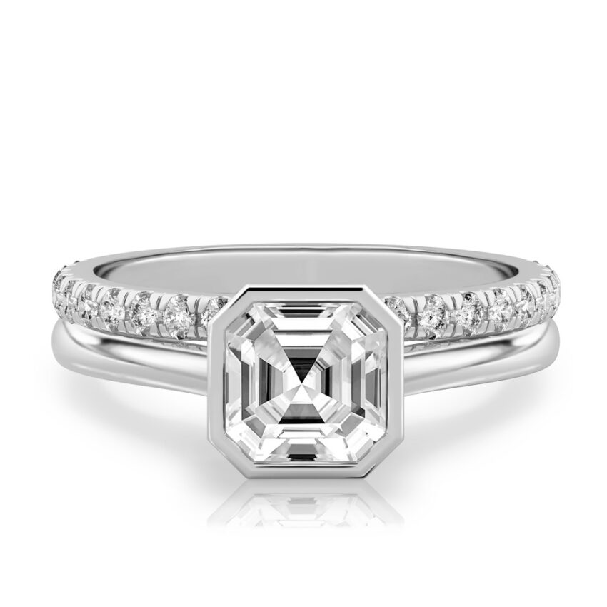 asscher cut diamond bezel engagement ring set white gold