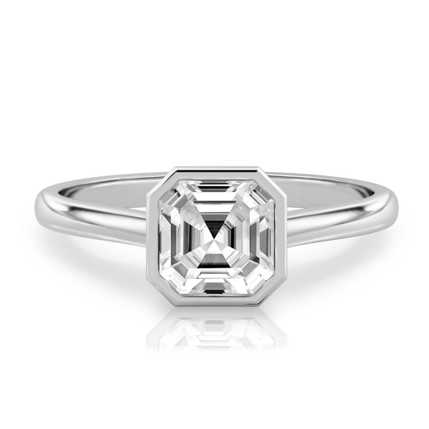 asscher cut diamond bezel engagement ring in white gold