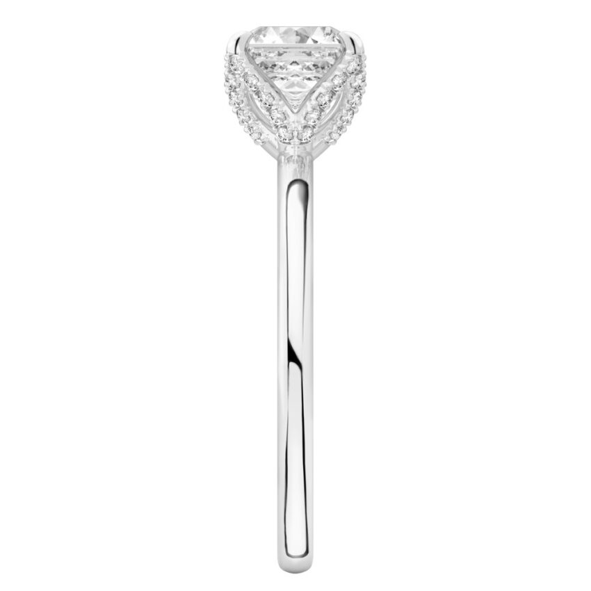 Side view of asscher cut diamond pave petal prong engagement ring in palladium