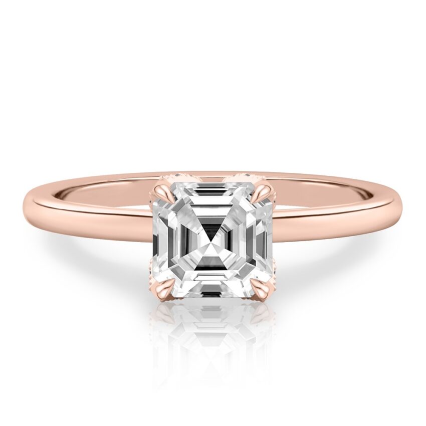 asscher cut diamond pave petal prong engagement ring in rose gold