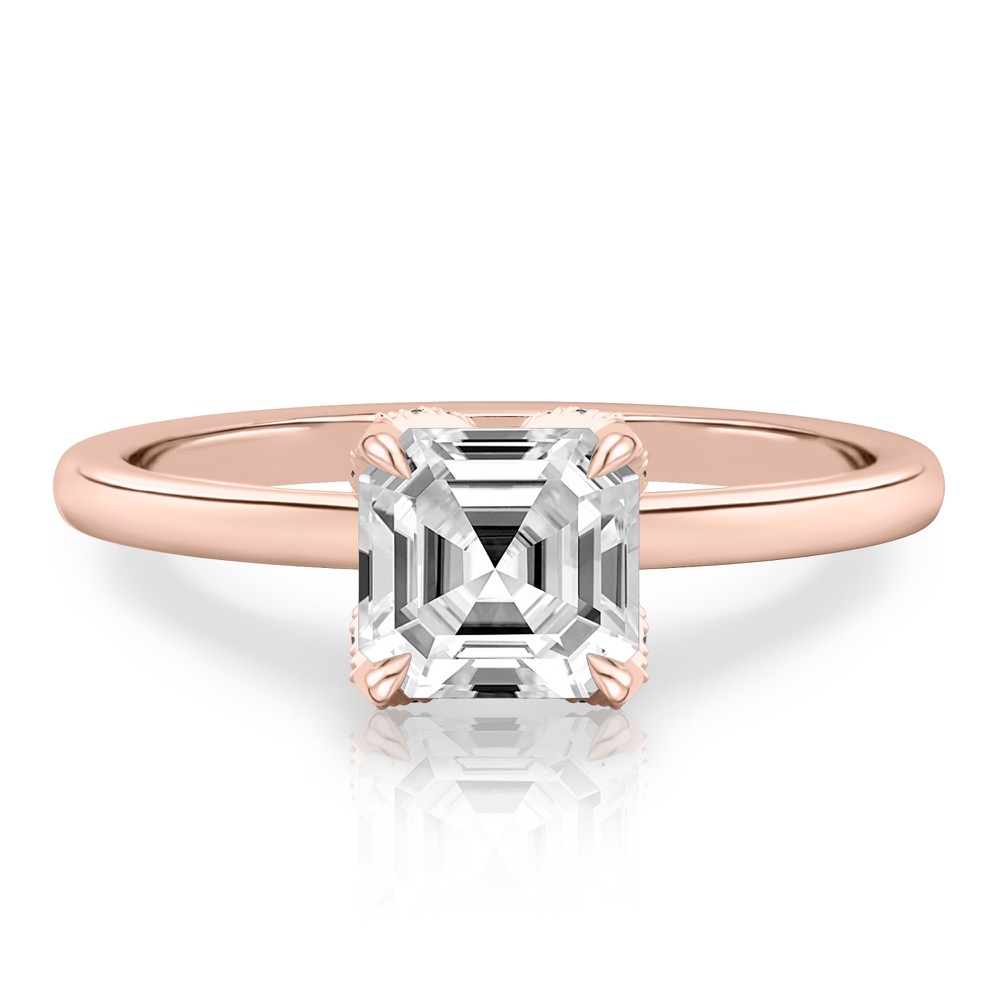 asscher cut diamond pave petal prong engagement ring in rose gold