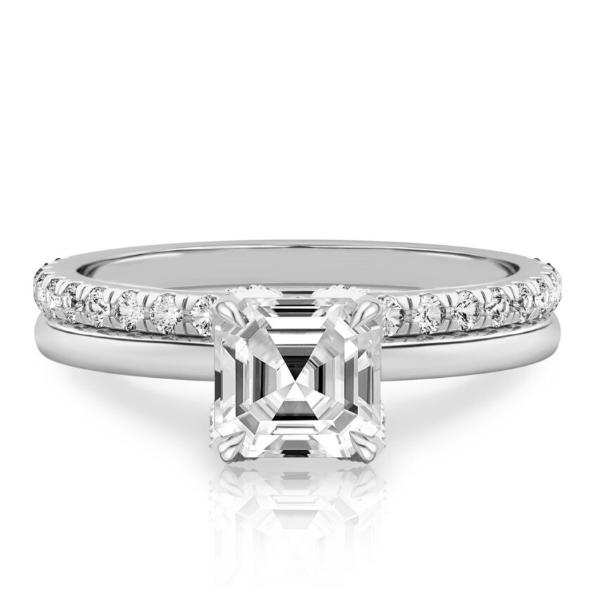 asscher cut diamond pave petal prong engagement ring set platinum
