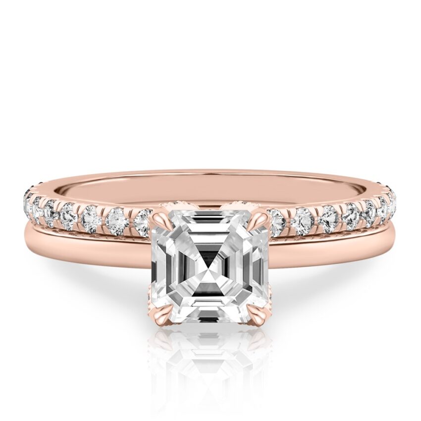 asscher cut diamond pave petal prong engagement ring set rose gold